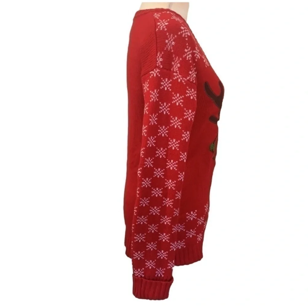 Tiara International Reindeer w/ Sequin Glasses Christmas Knit Red Sweater - Picture 4 of 9